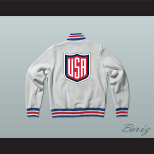 USA White Varsity Letterman Jacket-Style Sweatshirt 2