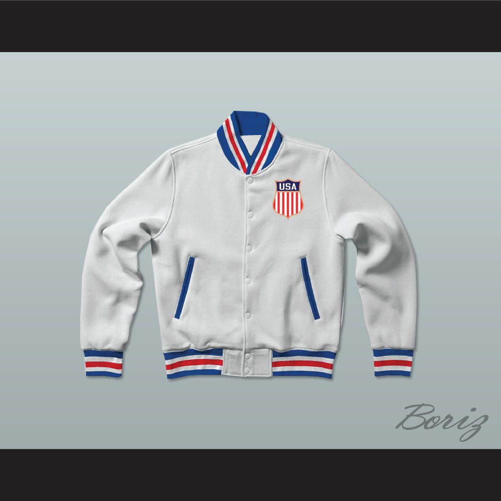 USA White Varsity Letterman Jacket-Style Sweatshirt 3