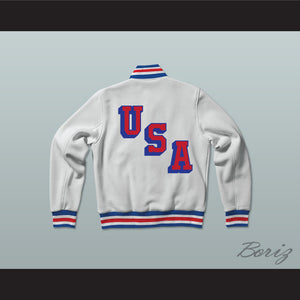 USA White Varsity Letterman Jacket-Style Sweatshirt 3