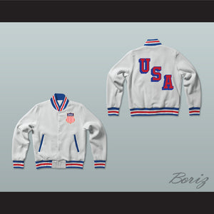 USA White Varsity Letterman Jacket-Style Sweatshirt 3