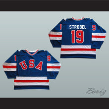 Load image into Gallery viewer, 1980 Miracle On Ice Team USA Eric Strobel 19 Hockey Jersey Blue