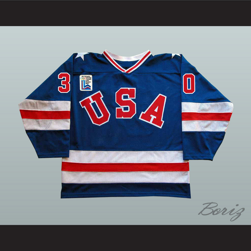 1980 Miracle On Ice Team USA Jim Craig 30 Hockey Jersey Blue with Patch