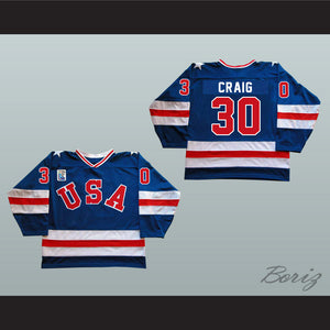 1980 Miracle On Ice Team USA Jim Craig 30 Hockey Jersey Blue with Patch