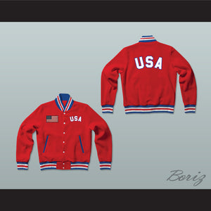 USA United States of America Red Varsity Letterman Jacket-Style Sweatshirt