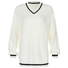 Load image into Gallery viewer, V Neck White Casual Sweater Women Preppy Style Korean Long Sleeve Jumpers Ladies High Street Autumn Winter Pullover