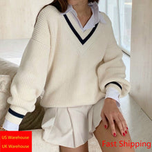 Load image into Gallery viewer, V Neck White Casual Sweater Women Preppy Style Korean Long Sleeve Jumpers Ladies High Street Autumn Winter Pullover