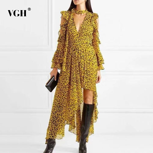 VGH Spring Women Vintage Asymmetrical Long Sleeve Dress V Neck Off Shoulder Backless Floor Length Women's Fashion Clothing 2020