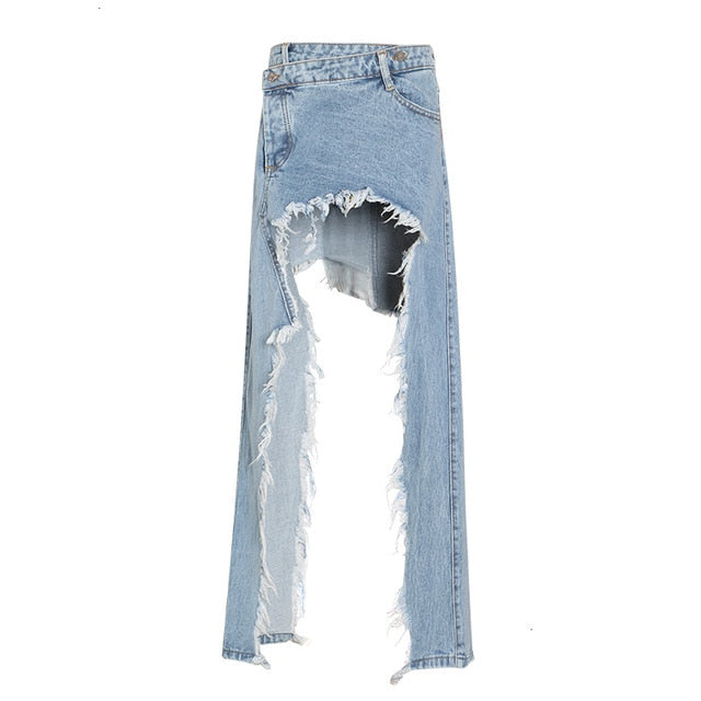 VGH Tassel Denim Women's Cowboy Skirt Blue High Street Irregular High Waist Straight Women Skirt 2020 Summer Fashion Casual New