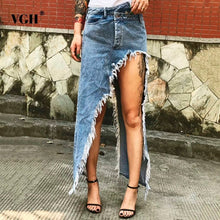 Load image into Gallery viewer, VGH Tassel Denim Women&#39;s Cowboy Skirt Blue High Street Irregular High Waist Straight Women Skirt 2020 Summer Fashion Casual New