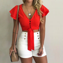 Load image into Gallery viewer, VIEUNSTA Women Blouses New Fashion Button V-neck Office Shirt Chiffon Blouse Sexy Butterfly Sleeve Short Tops Slim Summer Blusas