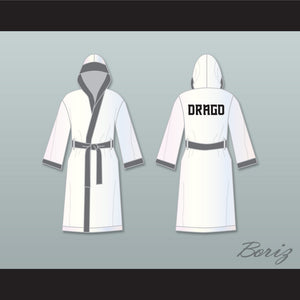 Viktor Drago White and Gray Satin Full Boxing Robe with Hood Creed II