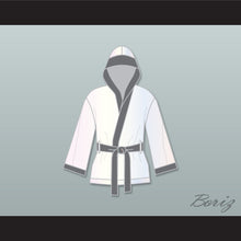 Load image into Gallery viewer, Viktor Drago White and Gray Satin Half Boxing Robe with Hood Creed II