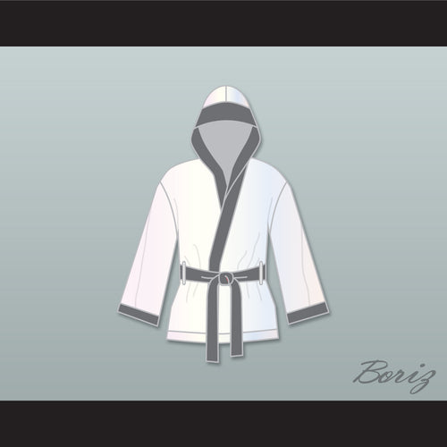 Viktor Drago White and Gray Satin Half Boxing Robe with Hood Creed II