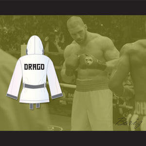 Viktor Drago White and Gray Satin Half Boxing Robe with Hood Creed II