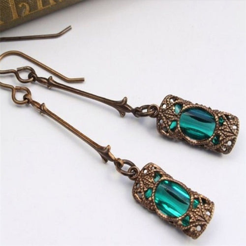 Vintage Bronze Engraving Pattern Flower Crystal Drop Earrings for Women Blue Green Stone Dangle Earrings Boho Gothic Jewelry