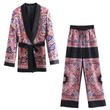 Load image into Gallery viewer, Vintage Cashew Paisley Print Notched Collar Sashes Bow Tied Mid Long Blazer Coat Suit Outerwear blazer Pants 1 Set office wear