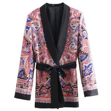 Load image into Gallery viewer, Vintage Cashew Paisley Print Notched Collar Sashes Bow Tied Mid Long Blazer Coat Suit Outerwear blazer Pants 1 Set office wear
