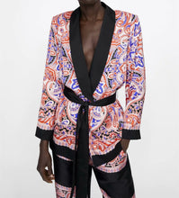 Load image into Gallery viewer, Vintage Cashew Paisley Print Notched Collar Sashes Bow Tied Mid Long Blazer Coat Suit Outerwear blazer Pants 1 Set office wear