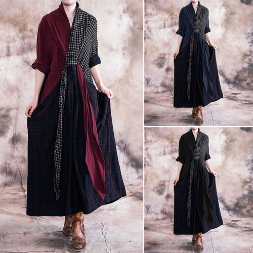 Vintage Patchwork Check Dress Women's Autumn Sundress ZANZEA 2020 Casual V Neck Asymmetrical Maxi Vestidos Plus Size Tunic Robe