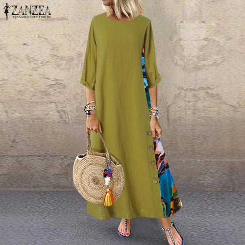 Vintage Stitching Dress Women's Maxi Sundress ZANZEA 2020 Casual 3/4 Sleeve Summer Vestidos Female O Neck Floral Robe Plus Size
