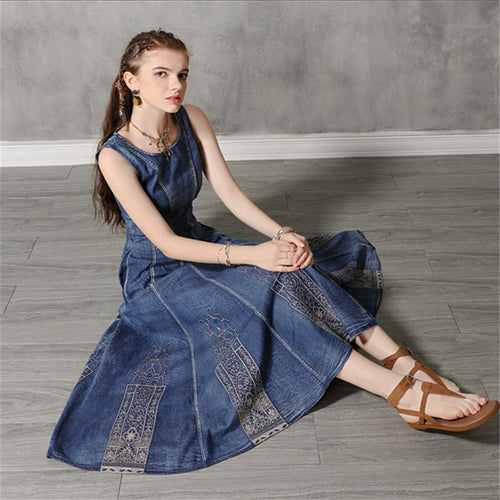 Vintage Summer Cotton Denim Dress 2019 Women's Dresses Sundress Embroidery O-Neck Vestido Women Tank Dress Sleeveless Dresses