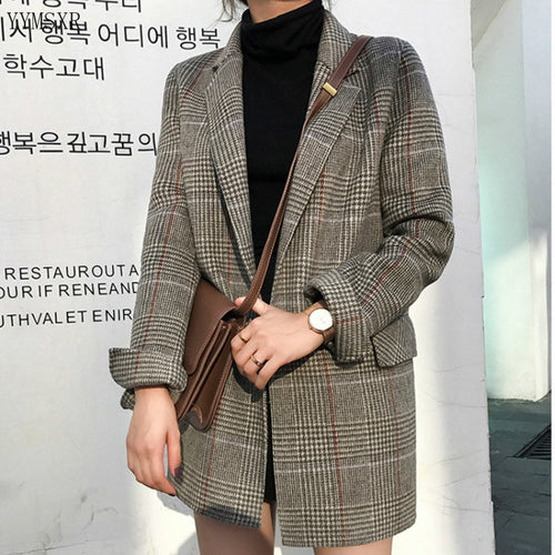 Vintage woolen ladies jacket coat New fall season high quality fabric women's blazer Fashion Plaid Midi Jacket Female Small suit