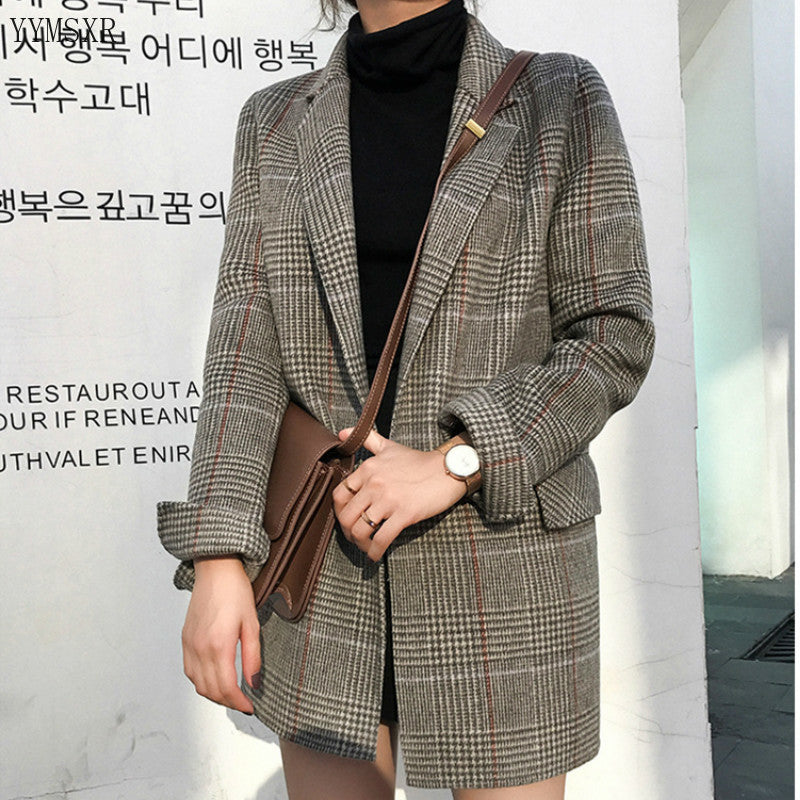 Vintage woolen ladies jacket coat New fall season high quality fabric women's blazer Fashion Plaid Midi Jacket Female Small suit