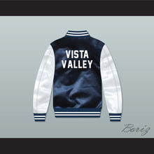 Load image into Gallery viewer, Vista Valley High School Cougars Navy Blue/ White Varsity Letterman Satin Bomber Jacket #Realityhigh