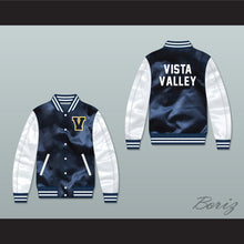 Load image into Gallery viewer, Vista Valley High School Cougars Navy Blue/ White Varsity Letterman Satin Bomber Jacket #Realityhigh