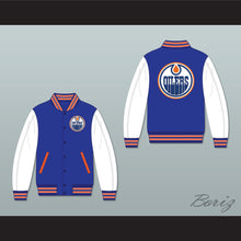 Load image into Gallery viewer, WHA Alberta Blue and White Varsity Letterman Jacket-Style Sweatshirt 2