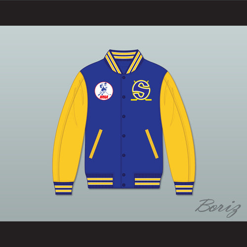 WHA Minnesota Blue and Yellow Varsity Letterman Jacket-Style Sweatshirt 1
