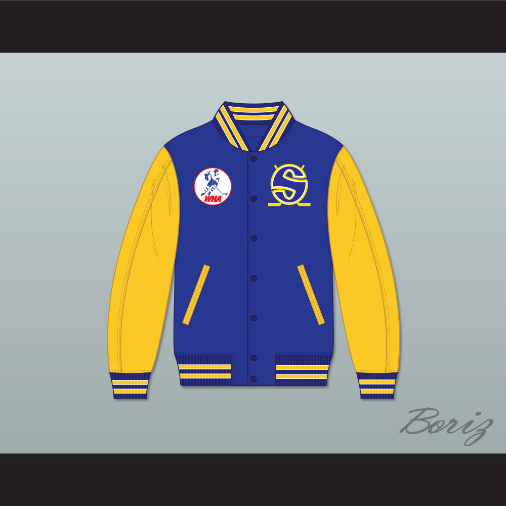 WHA Minnesota Blue and Yellow Varsity Letterman Jacket-Style Sweatshirt 1
