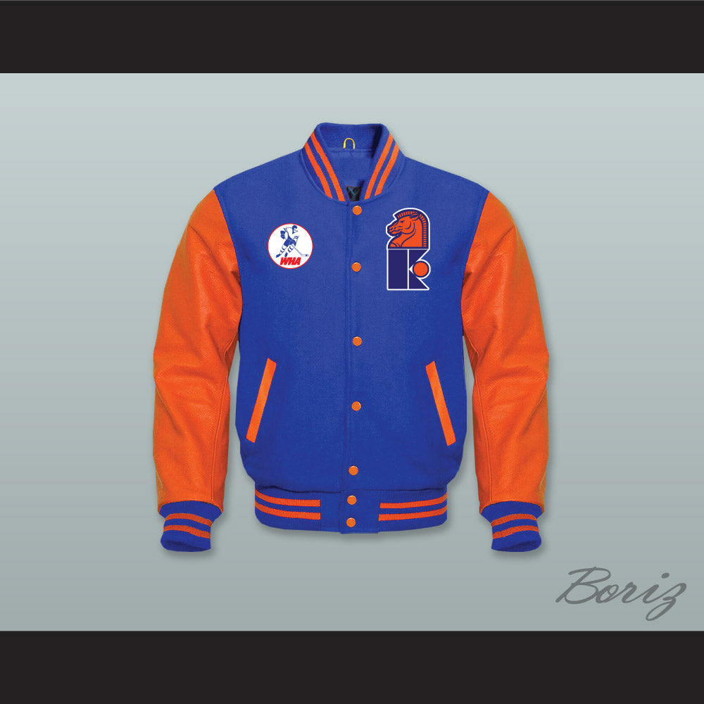 WHA New Jersey Knights Royal Blue Wool and Orange Lab Leather Varsity Letterman Jacket 1