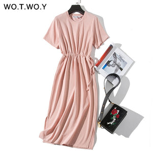 WOTWOY Long T-shirt Dresses Women Summer Sashes Waist Slit Casual O-Neck Short Sleeve Loose Ankle-Length Dress Woman Pink Cotton