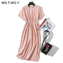Load image into Gallery viewer, WOTWOY Long T-shirt Dresses Women Summer Sashes Waist Slit Casual O-Neck Short Sleeve Loose Ankle-Length Dress Woman Pink Cotton