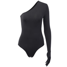 Load image into Gallery viewer, WannaThis Black One Shoulder Slope Bodysuit Sexy Bodycon Single Long Sleeve With Gloves Off Shoulder Elastic Basic Women Rompers