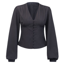 Load image into Gallery viewer, WannaThis Blouses Woman 2019 Sexy Deep V-Neck Black Button Lantern Long Sleeve Slim Fashion Autumn New Elegant Lady Shirt Top