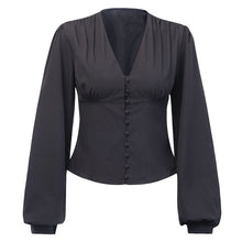 Load image into Gallery viewer, WannaThis Blouses Woman 2019 Sexy Deep V-Neck Black Button Lantern Long Sleeve Slim Fashion Autumn New Elegant Lady Shirt Top