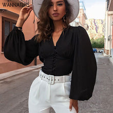 Load image into Gallery viewer, WannaThis Blouses Woman 2019 Sexy Deep V-Neck Black Button Lantern Long Sleeve Slim Fashion Autumn New Elegant Lady Shirt Top