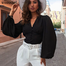Load image into Gallery viewer, WannaThis Blouses Woman 2019 Sexy Deep V-Neck Black Button Lantern Long Sleeve Slim Fashion Autumn New Elegant Lady Shirt Top