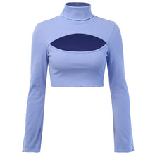 Load image into Gallery viewer, WannaThis Blue Hole Cropped Shirt Flare Sleeve Hight Neck Cut Out Sexy Fashion Autumn New Elastic Slim Women Knitted Tee Shirt