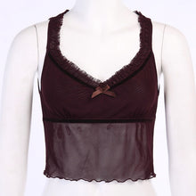 Load image into Gallery viewer, WannaThis Brown V-Neck Mesh Crop Tops Mesh See-Through Patchwork Sleeveless Women New Camisole Summer Slim Elastic Cropped Tops
