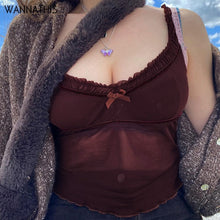 Load image into Gallery viewer, WannaThis Brown V-Neck Mesh Crop Tops Mesh See-Through Patchwork Sleeveless Women New Camisole Summer Slim Elastic Cropped Tops