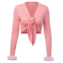 Load image into Gallery viewer, WannaThis Pink V-Neck Sexy Women Shirt Front Bandgae Lace up Long Sleeve Patchwork Feathers Cute Cropped Skinny Fall Short Tops