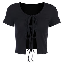 Load image into Gallery viewer, WannaThis Sexy Cropped Top Lace up Short Sleeve Hollow out Front Split Hem O-Neck Slim Women Fashion Summer New Sexy Streetwear