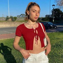 Load image into Gallery viewer, WannaThis Sexy Cropped Top Lace up Short Sleeve Hollow out Front Split Hem O-Neck Slim Women Fashion Summer New Sexy Streetwear