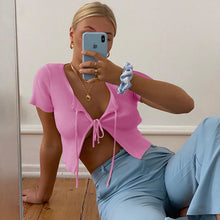 Load image into Gallery viewer, WannaThis Sexy Cropped Top Lace up Short Sleeve Hollow out Front Split Hem O-Neck Slim Women Fashion Summer New Sexy Streetwear