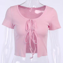 Load image into Gallery viewer, WannaThis Sexy Cropped Top Lace up Short Sleeve Hollow out Front Split Hem O-Neck Slim Women Fashion Summer New Sexy Streetwear