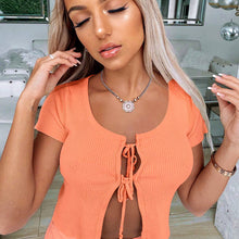 Load image into Gallery viewer, WannaThis Sexy Cropped Top Lace up Short Sleeve Hollow out Front Split Hem O-Neck Slim Women Fashion Summer New Sexy Streetwear