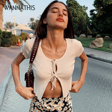 Load image into Gallery viewer, WannaThis Sexy Cropped Top Lace up Short Sleeve Hollow out Front Split Hem O-Neck Slim Women Fashion Summer New Sexy Streetwear